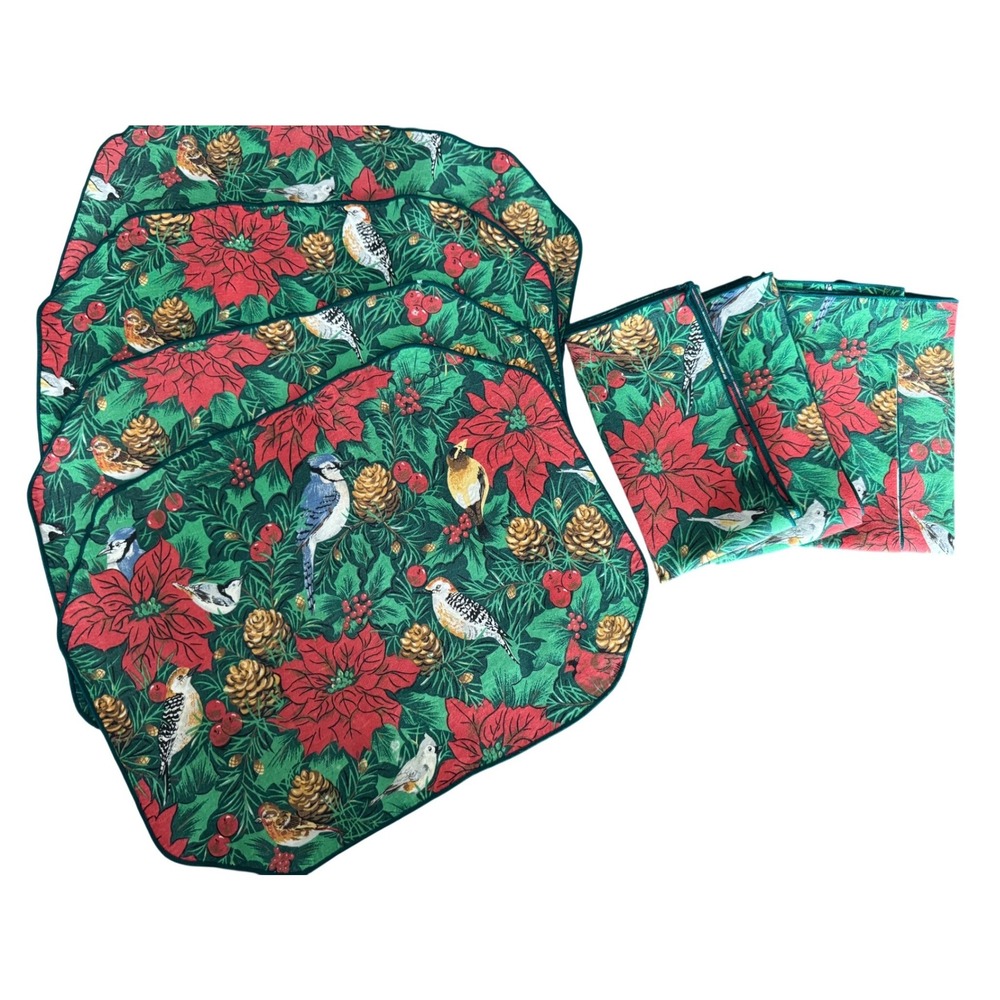 Vtg Christmas Poinsettia Bird‎ Placemat Napkin Set of 4 Holiday Table Decor